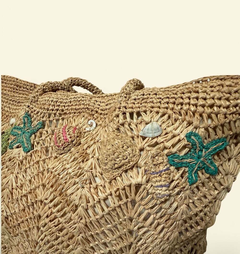 Florabella Carrabelle Raffia Tote Natural Open Weave Seashell Starfish Embellish